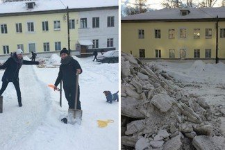 "Это самовольное сооружение": на Эльмаше коммунальщики закидали глыбами снега горку, которую построили жильцы